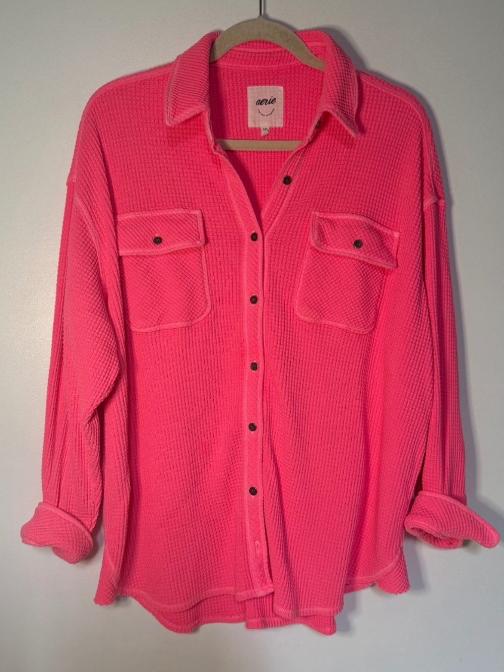 Aerie Hot Pink Waffle Knit Oversized Shirt Jacket Shacket Button Up Barbie Core